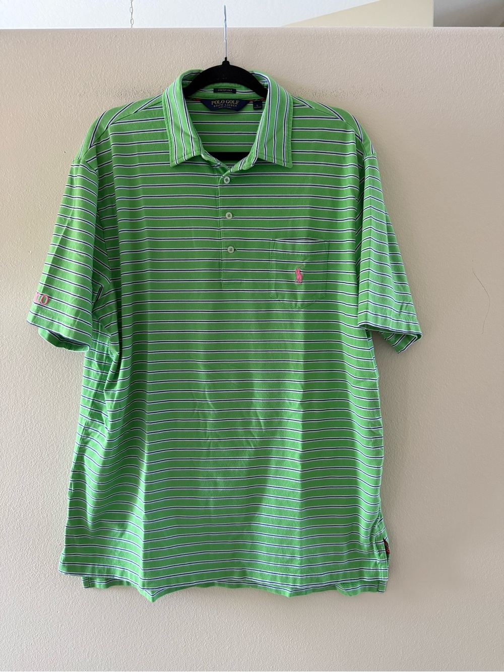 Polo Golf Ralph Lauren Short-Sleeve Striped Polo in Lime Green Logo in Pink